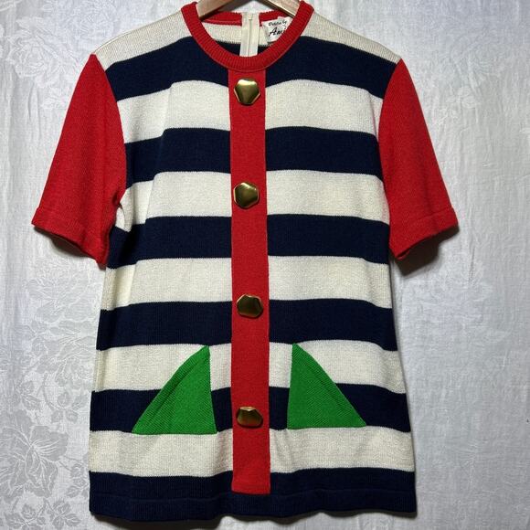 Ami Knits VTG Sweater 8 PETITE Navy White Stripes Short Slv Red Gold Buttons USA - Picture 1 of 10